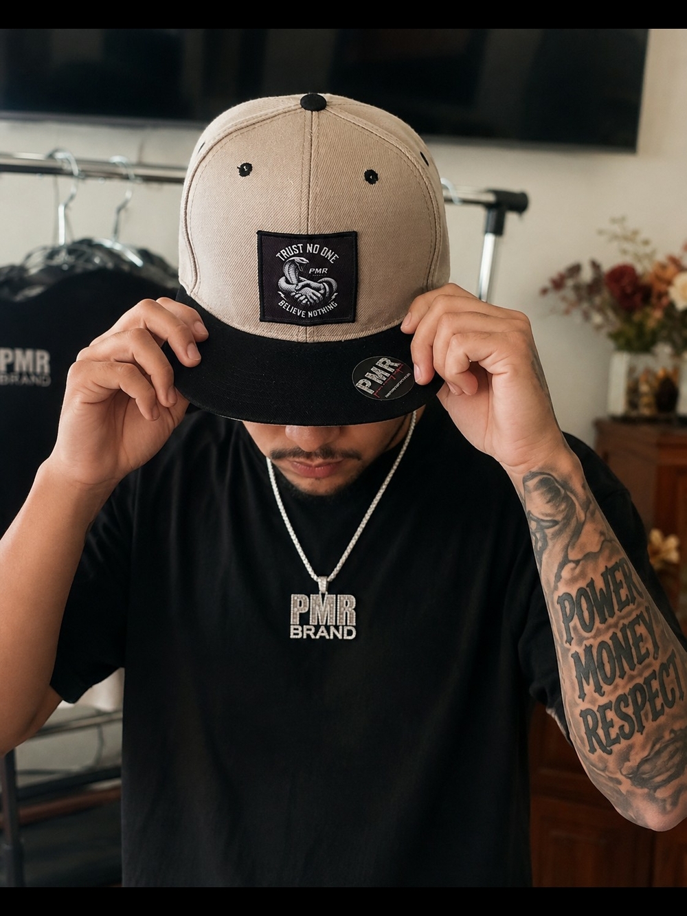 Men's Two-Tone Tan and Black Flat Brim Hat Trust No One Belive Nothing 710 Bg